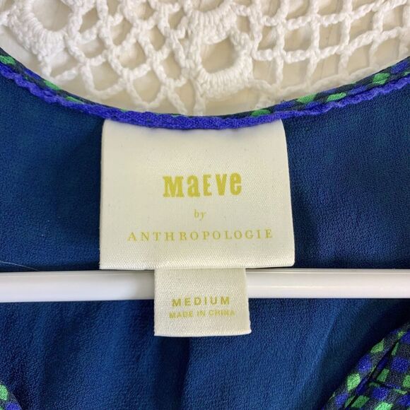 Maeve (M) Anderson Sleeveless Top Anthropologie Green Blue Checker Tie Ruffle - Picture 10 of 13